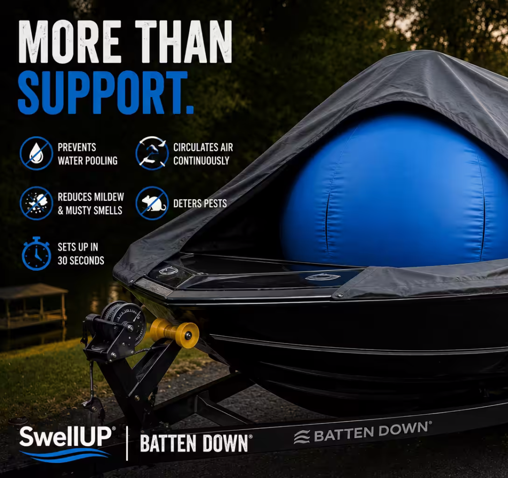 Visual of SwellUP in a boat under a boat cover.